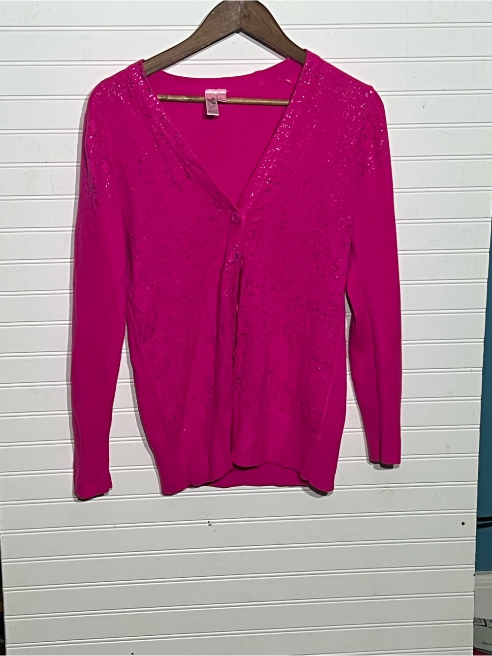 Dolled Up Hot Pink Shimmer V-Neck Cardigan Y2K Barbiecore Size Large